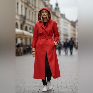 Burberry London Red Wool Trench Coat with Plaid Cuffs